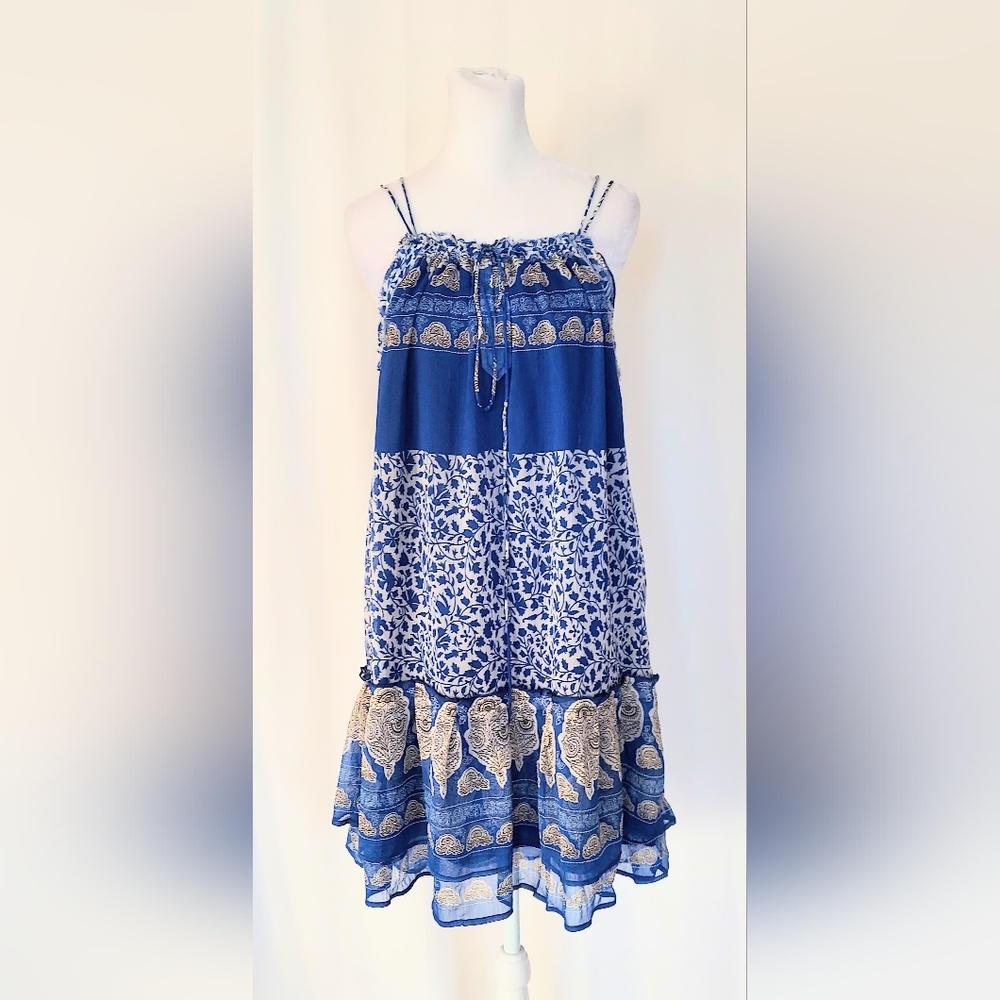 Mango Double Spagheti Strap Layered Dress Blue White Size 4